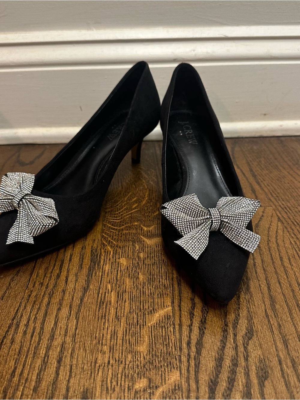 J. Crew Black Pointed Toe Suede Pumps with Silver Rhinestone Bow 6.5